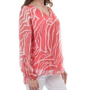 Prodotto 100% Italian Silk Pink Zebra Print Long Sleeve V-Neck Blouse Size Small